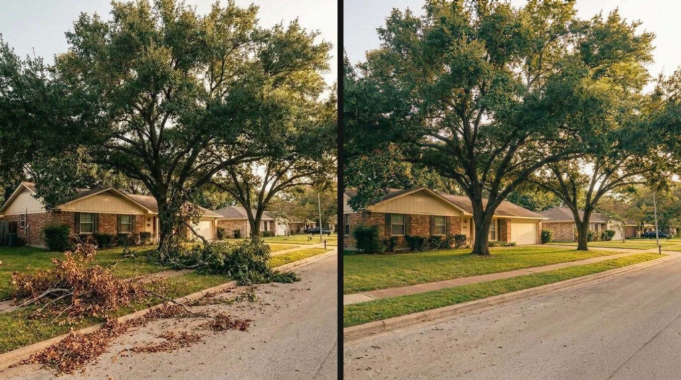 Before and after of tree work at a Weatherford, TX brick home: overgrown oak with fallen limbs on the left, freshly trimmed oak and a spotless clean yard on the right