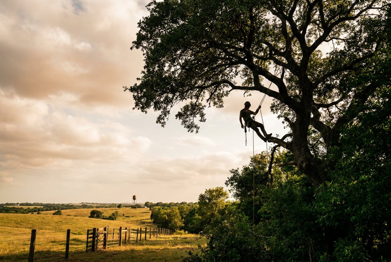 Arborist on ropes working in the canopy of a big live oak at golden hour, with Weatherford, Texas pastures, a fence line, and the town water tower in the distance